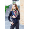 Хустка жіноча на голову з народним орнаментом на флісі LEONORA темно-синій з бахромою