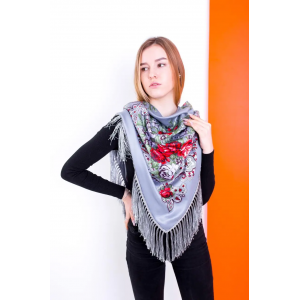 Жіноча красива велика хустка на флісі в яскравих кольорах LEONORA сірого кольору з бахромою.