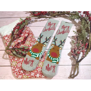🎄 Парні сірі новорічні шкарпетки з оленями MERRY CHRISTMAS 36-41 розмір LEONORA