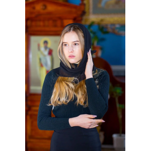Хустка жіноча однотонна чорна шифонова ритуальна на голову для церкви та храму Долорес. Photo 2