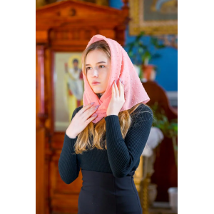 Хустка жіноча головна для храму однотонна коралова шифонова в цятку Bead