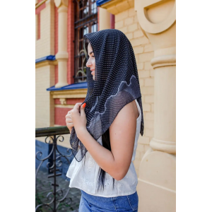 Жіноча шифонова хустка головний красивий в білу цятку з стильним чорним візерунком.