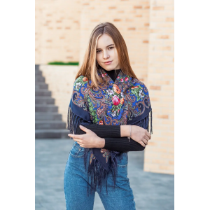 Хустка жіноча темно-синя вовняна красива модна з Українським орнаментом LEONORA. Photo 2