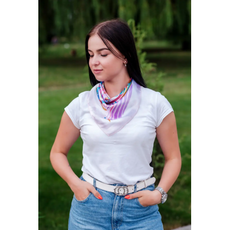 Жіноча хустка атласна нашийна стильна літня модна колір бузковий з візерунками